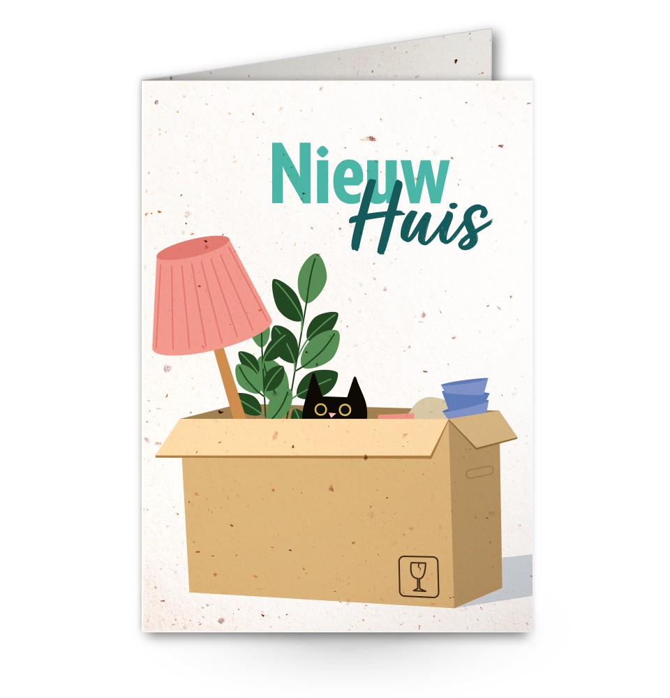 Kaartje met doos verhuisspullen en tekst 'Nieuw huis' 