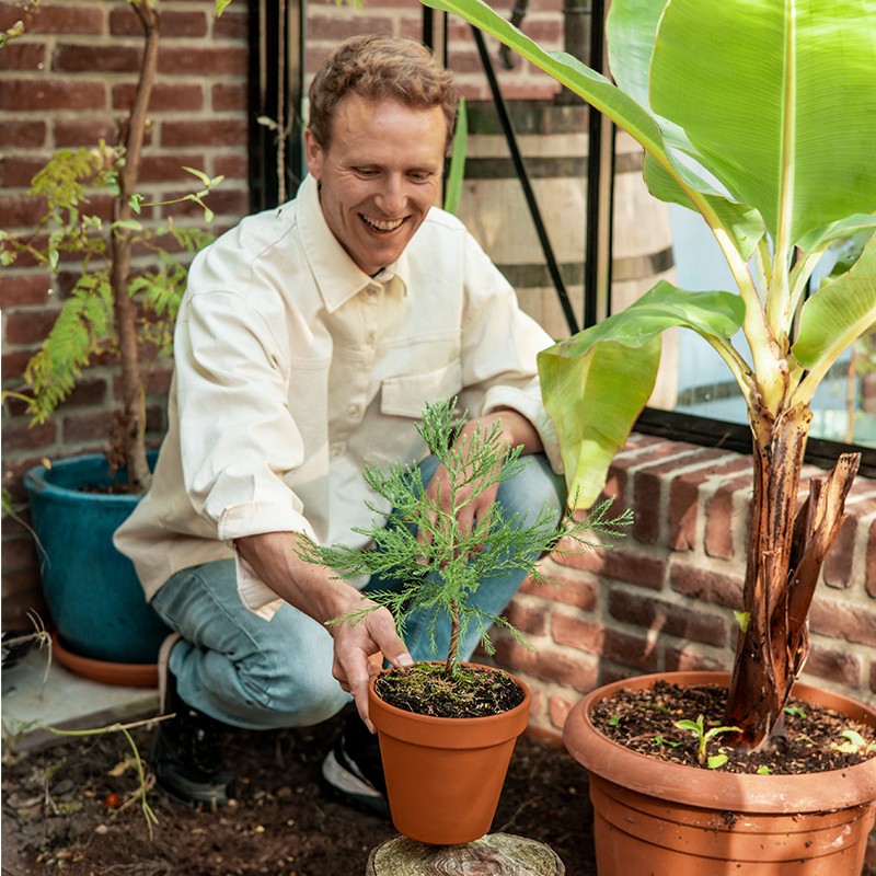 Lachende man buiten met plant