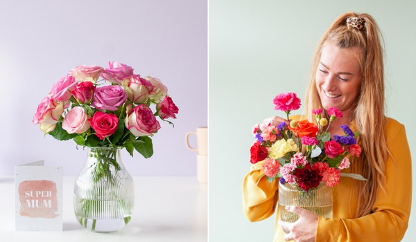 2 verschillende boeketjes naast elkaar: roze rozen en een kleurrijk boeket