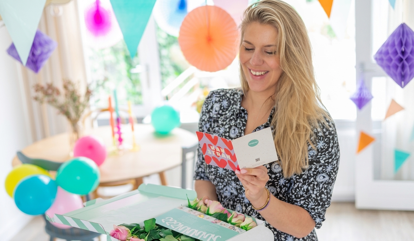vrouw met cadeau en verjaardagskaart