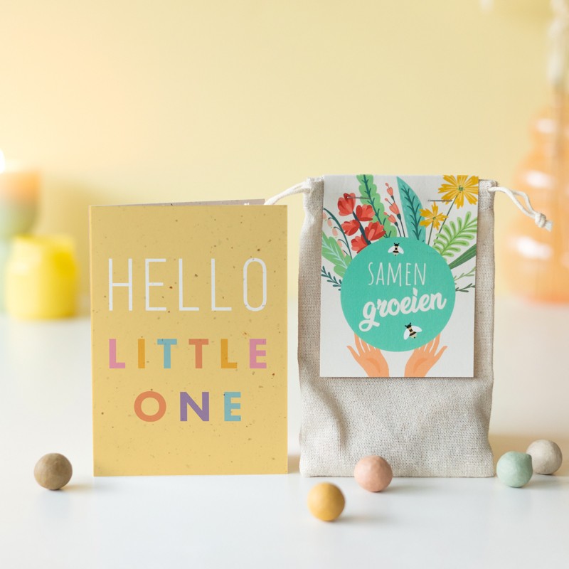 Bloemzaadjes in zakje met geboortekaartje: hello little one