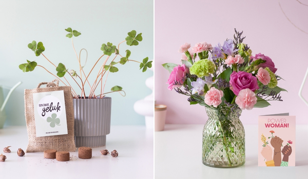 2 cadeaus naast elkaar: zakje geluk met klavertjes vier en kleurrijk boeket